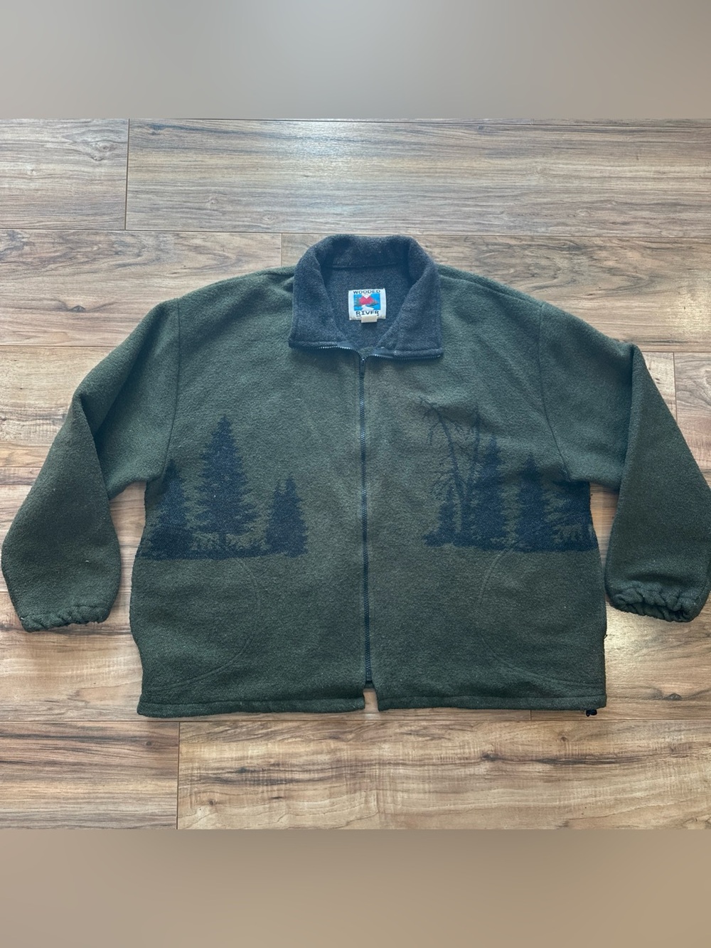 Wooded River USA Wool Coat Sz XXL Moose Mountains Western Jacket 90s GREEN vtg